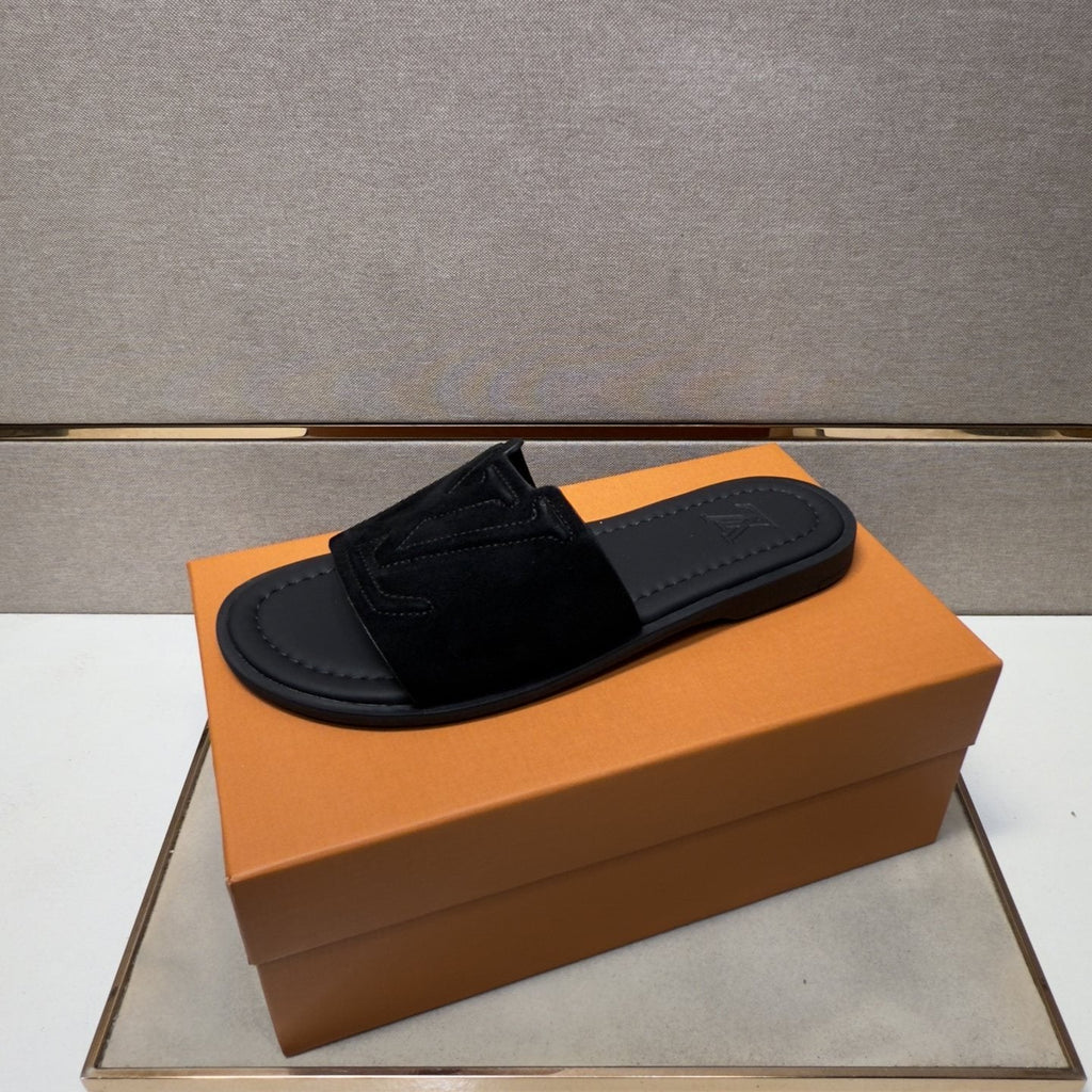 Louis Vuitton Men's Black Logo Slide Sandals - Contoured Footbed